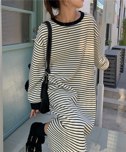 長袖ボーダーTシャツワンピース